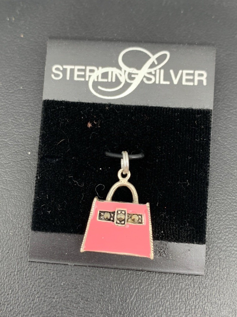Vintage NOS 925 Sterling silver & Pink enamel w Marcasites Handbag Charm Pendant